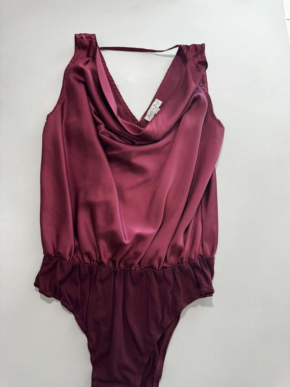 SHE+SKY Satin Cowl Neck Sleeveless Bodysuit in Wine